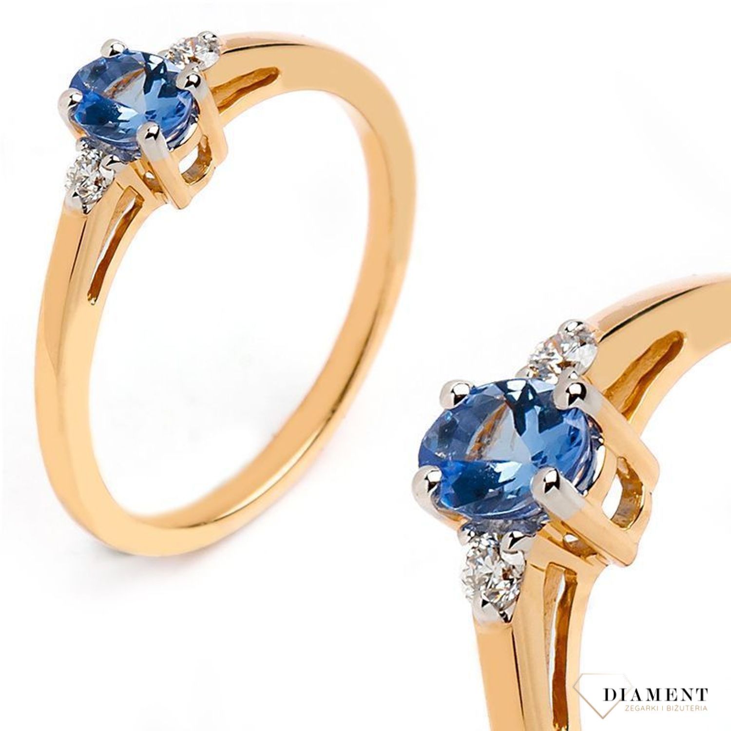 Pierścionek złoty DIAMENT żółte złoto, dwa diamenty i tanzanit. Pierścionki zaręczynowe. Piękny pierścionek ozdobiony trzema brylantami. Klasyka w najlepszym wydaniu.jpg